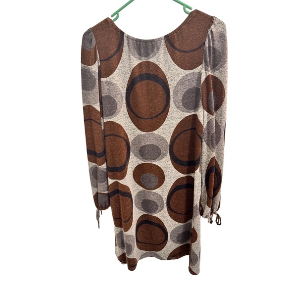 Dressbarn Brown Gray Long Sleeves Tie Front Oval Pattern Casual Dress 10 Retro - Picture 2 of 10